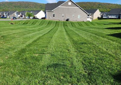 Freshly mowed green lawn with visible striping patterns leading to a row of suburban houses and wooded hills under a bright blue sky with a single white cloud